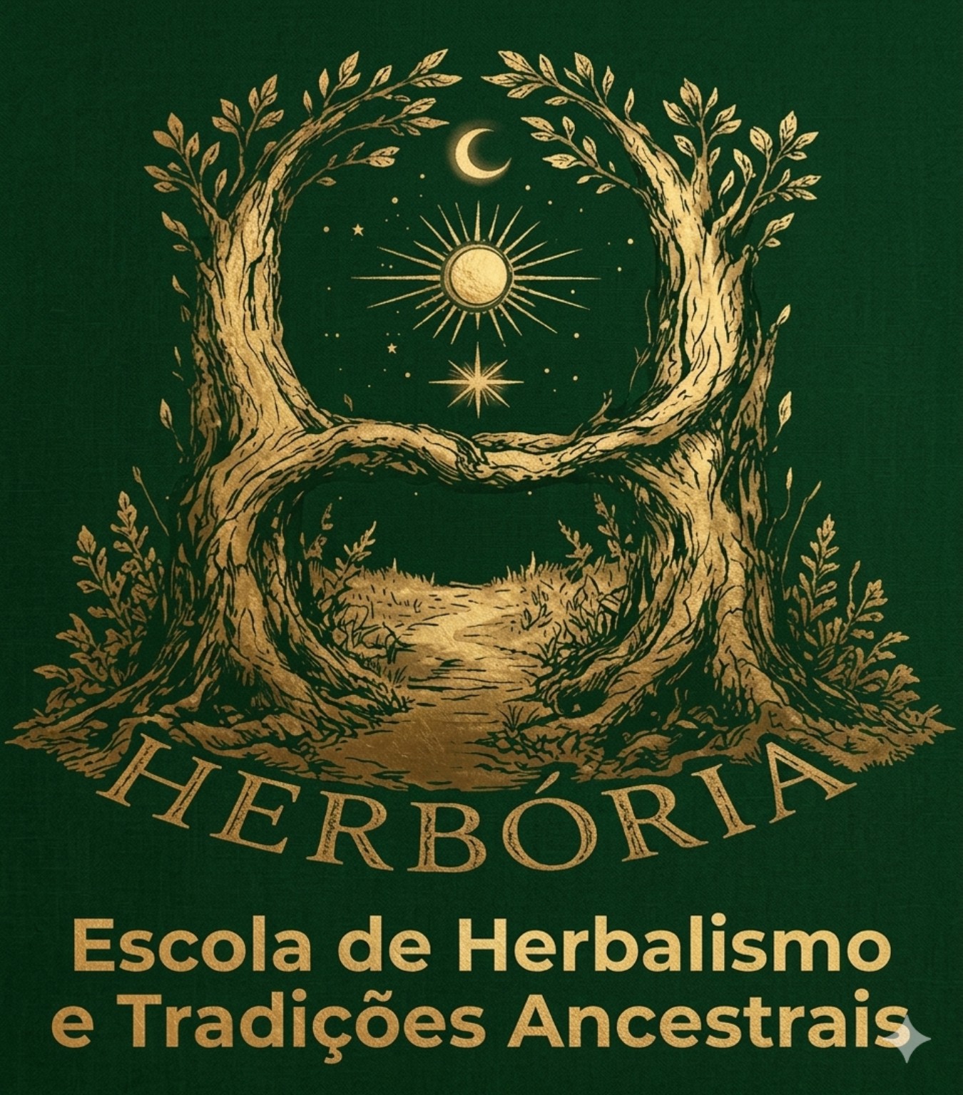 Logomarca da Herbória: duas árvores formando um portal, com Sol, Lua, estrela e caminho