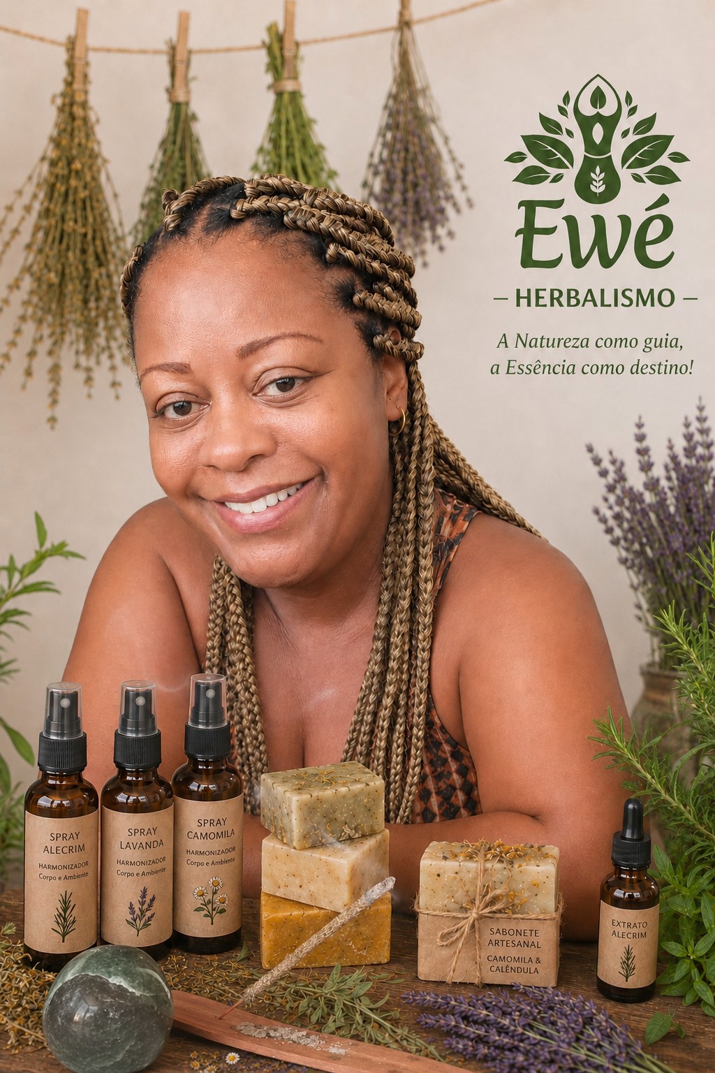 Luciane Osundaye apresentando produtos artesanais da Ewé Herbalismo