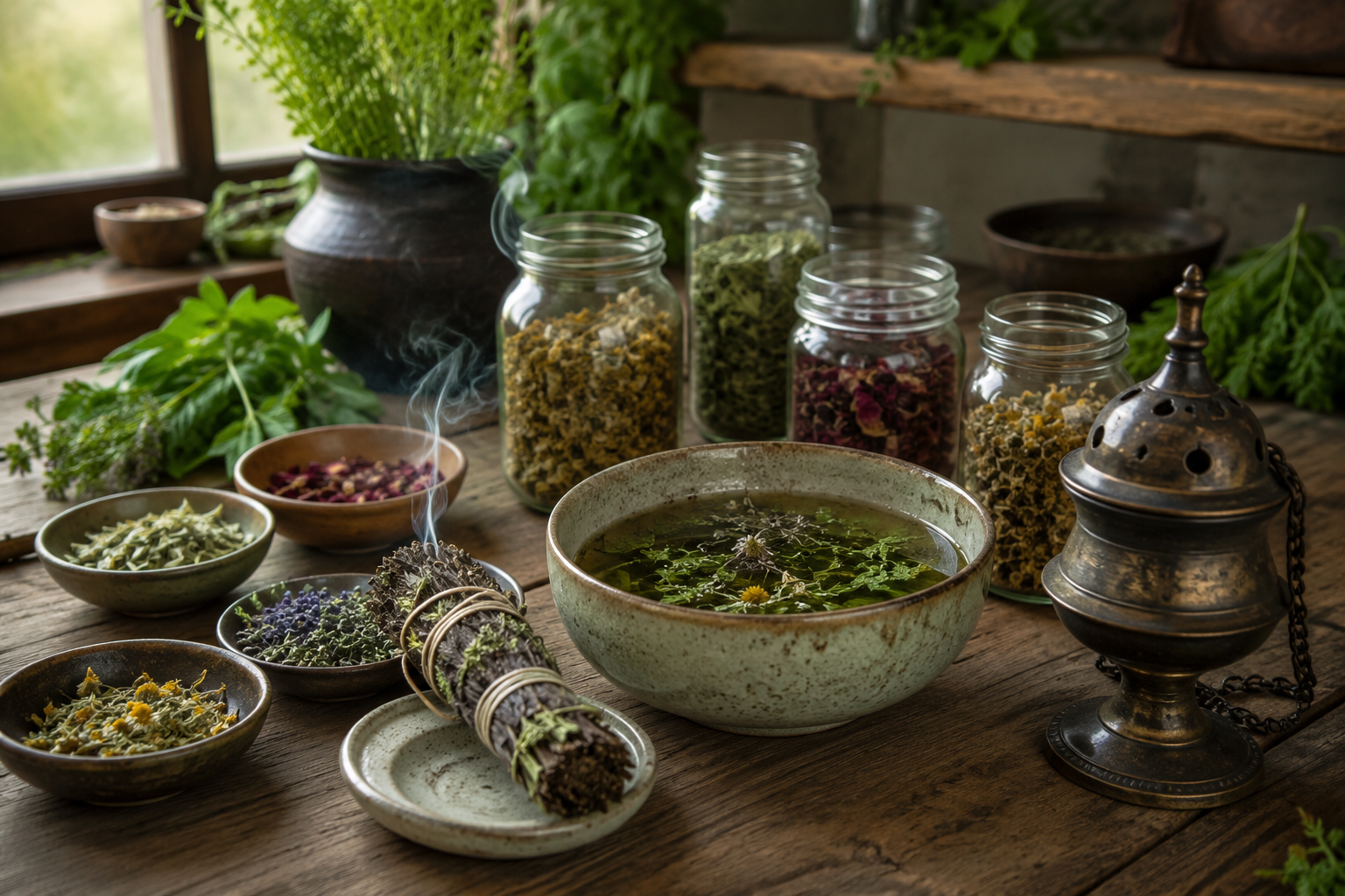 Ervas, sinergias, recipiente com banho herbal, turíbulo e incenso reunidos sobre uma mesa